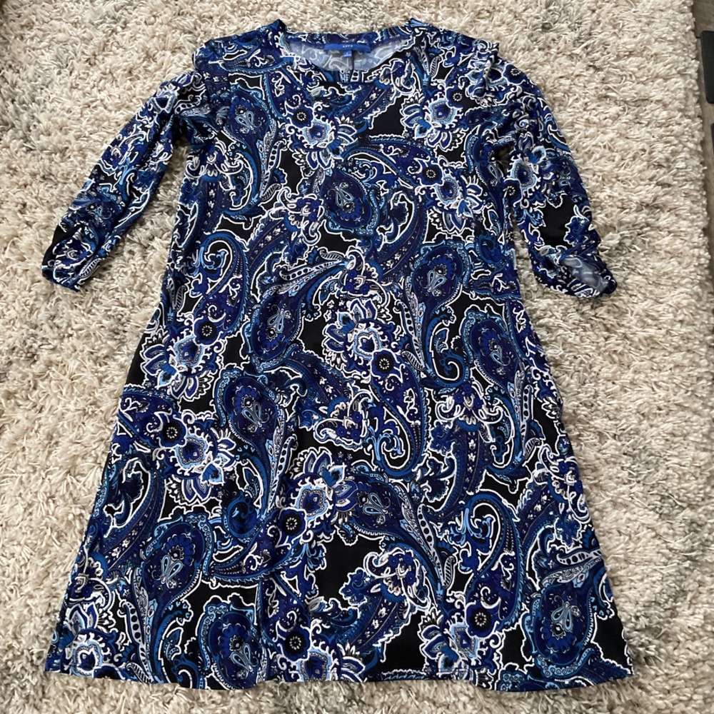 APT 9 Blue Paisley Print 3/4 Sleeve Scoop Neck‎ Dress Women's Size S